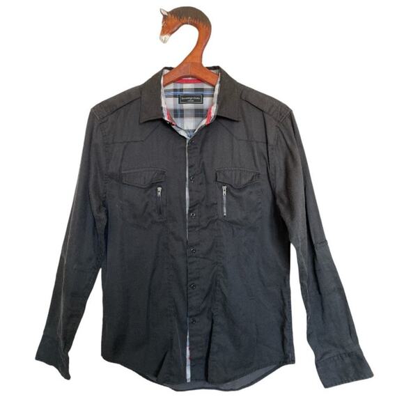 Sovereign Code Black Plaid accented Button Up with Button Zip Chest Pocket Shirt - Picture 1 of 10